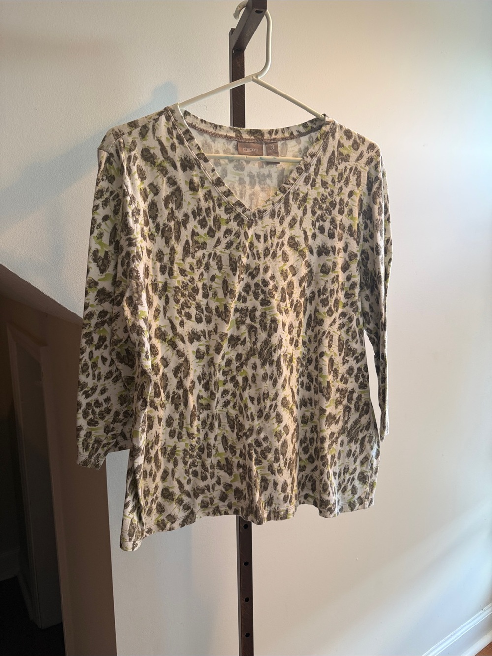 Chico’s Women’s V-Neck Leopard Print Top in Olive and Cream